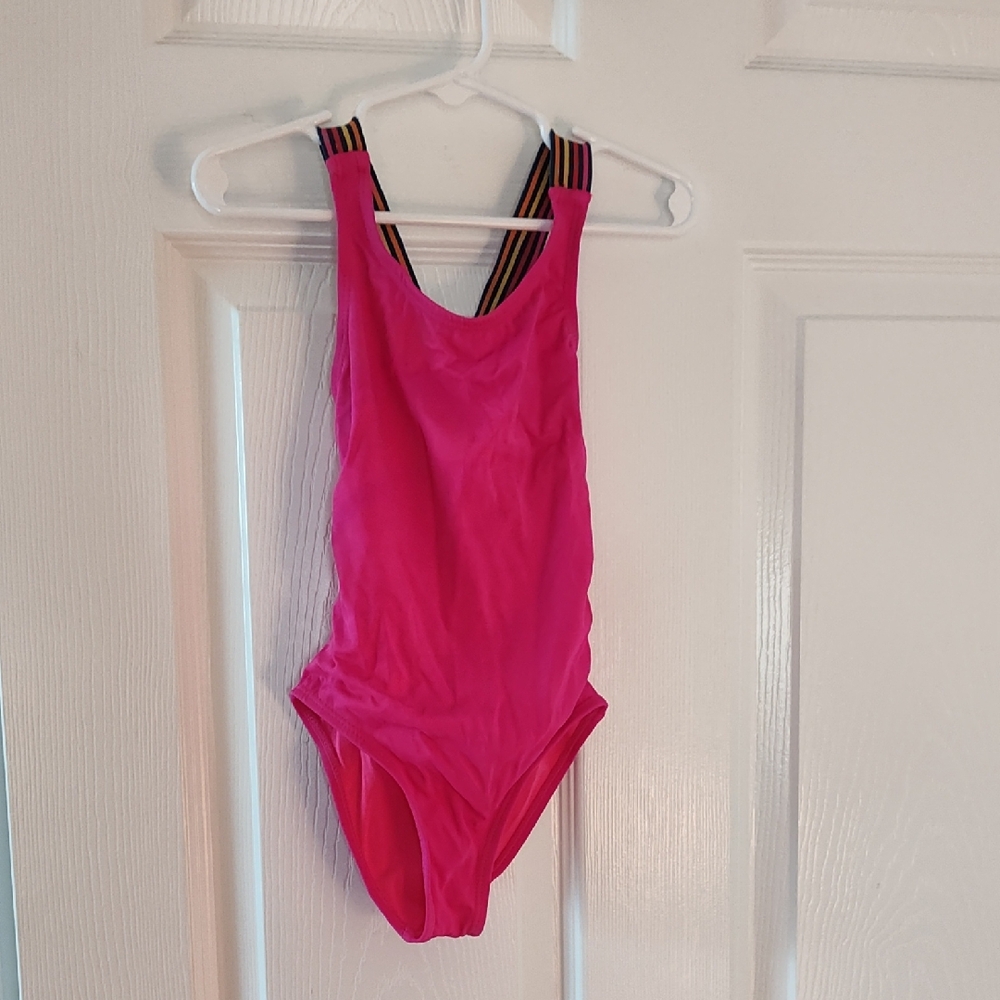 Girls' Hot Pink One-Piece Swimsuit with Striped Straps
